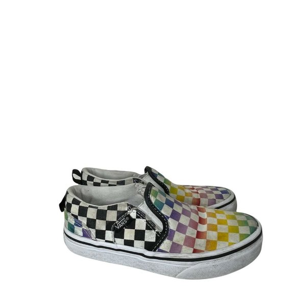 rainbow checkered slip ons
